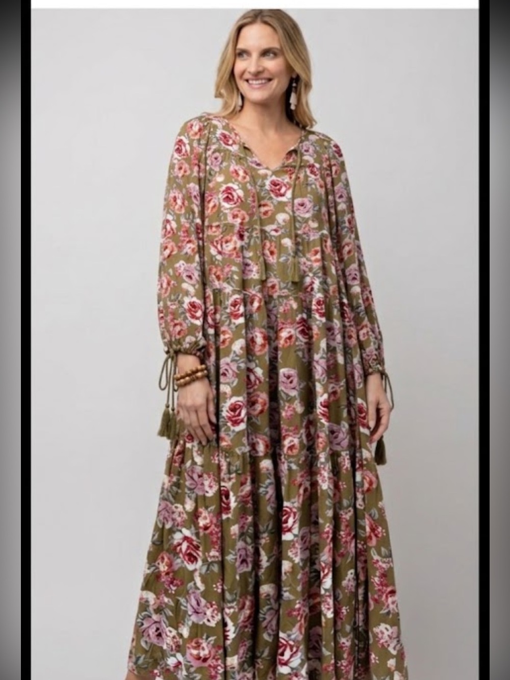 Easel size L Olive Floral Maxi Dress with Pink & Red Roses